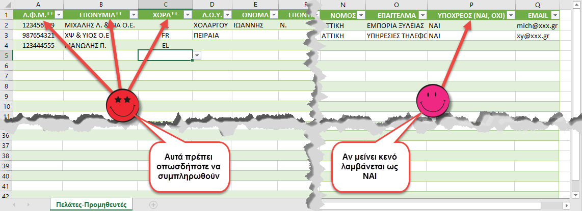 5. Εισαγωγή καταλόγου πελατών-προμηθευτών μέσω αρχείου Excel Η προσθήκη της δυνατότητας εισαγωγής του καταλόγου πελατών-προμηθευτών μέσω αρχείου Excel, έγινε για να εξυπηρετηθούν οι νέοι χρήστες του