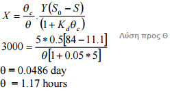 Λύση προς Θ c = K s + S / S(K m -K d )-K d *k s = 5d -1 Υπολογισμός του όγκου της δεξαμενής αερισμού