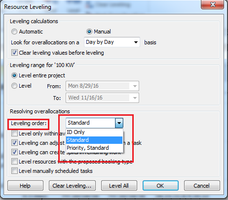 Στο πεδίο Leveling order υπάρχουν τρείς επιλογές: 1. ID only: Το πρόγραμμα εξισορροπεί τις δραστηριότητες κατά αύξουσα σειρά σχετικά με τον ID αριθμό τους, προτού εξετάσει οποιοδήποτε άλλο κριτήριο.