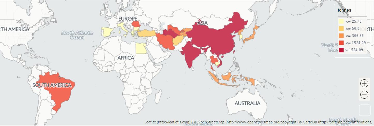 Εικόνα 3.2.3: Παραγωγή ακατέργαστης μέταξας στην Κίνα κατά τα έτη 1961-2013. Πηγή δεδομένων http://faostat.fao.org 1980-1990 1990-2000 2000-2013 Εικόνα 3.2.4: Παγκόσμια παραγωγή ακατέργαστης μέταξας ανά χώρα κατά τα έτη 1980-2013.