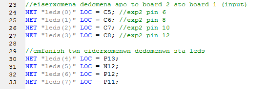 Ο κϊδικασ του ucf: Εικόνα 42 - Οι εξωτερικζσ μεταβλθτζσ και το ρολόι Αρχικά ςτθν εικόνα 42, βλζπουμε τθν ςφνδεςθ των switches που κα χρθςιμοποιιςουμε για να δϊςουμε τιμζσ (din (0) - din (3)), τισ