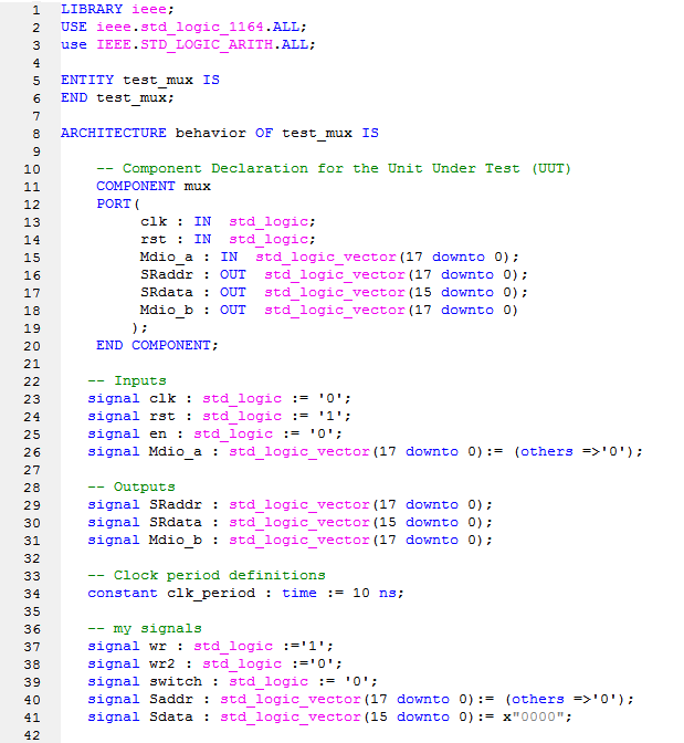 a) Το αρχεύο test_mux Το αρχείο test_mux, είναι το βαςικό αρχείο του project. Ακολουκοφν εικόνεσ οι οποίεσ περιζχουν τον κϊδικα του αρχείου.