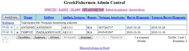 Εικόνα 50 : Πίνακας εργαζομένων/επιλογή για εξαγωγή πίνακα σε excel Τα πεδία σε αυτόν τον πίνακα κατά την αναζήτηση εμφανίζουν πλαίσιο που έχει πεδία κειμένου, για να εισάγει ο διαχειριστής τιμή