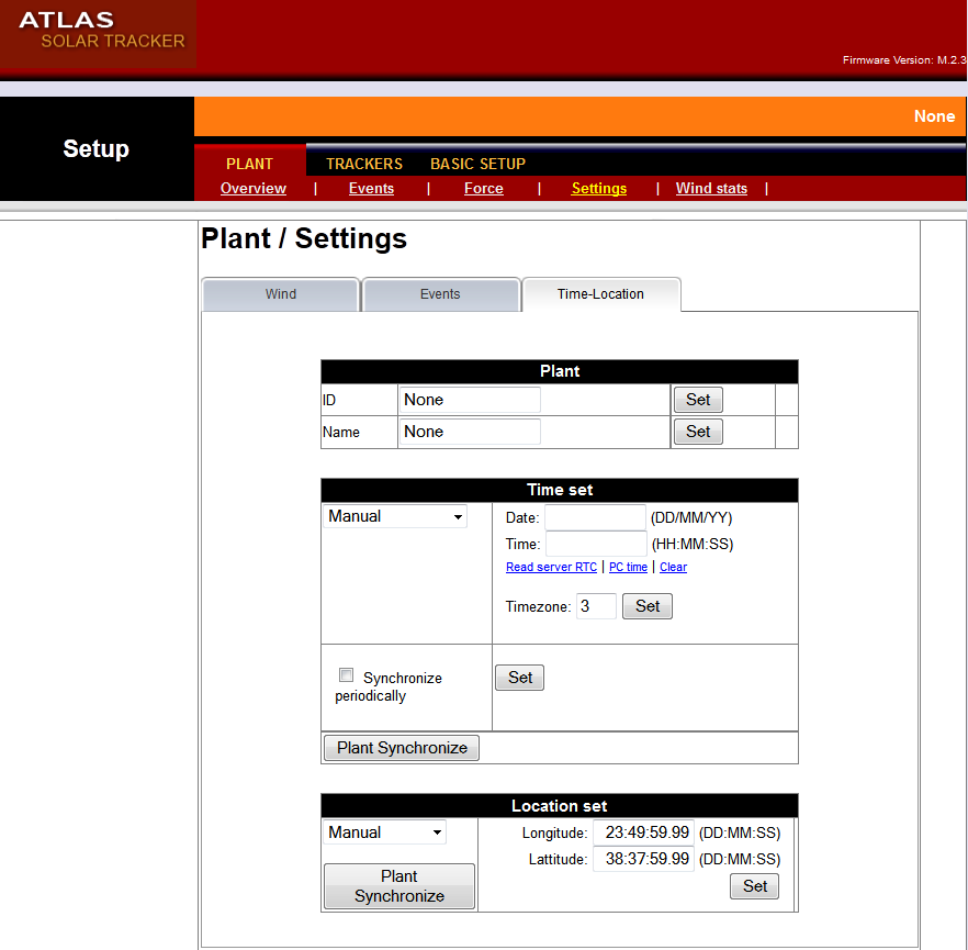Version 2.3 [ATLAS T180 SOLAR TRACKER] 5) ΡΤΘΜΙΗ ΩΡΑ Μετά θα πρέπει να ρυθμιστεί η ώρα τόσο του WEB Controller, όσο και των Controller όλων του tracker του πάρκου.