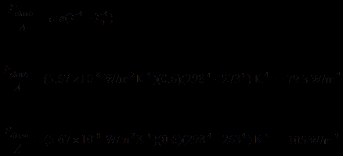 Άσκηση (2/2) ΛΥΣΗ: Η συνολική θερμότητα ανά μονάδα χρόνου και ανά μονάδα επιφανείας που αποβάλλει το σώμα σε περιβάλλον θερμοκρασίας