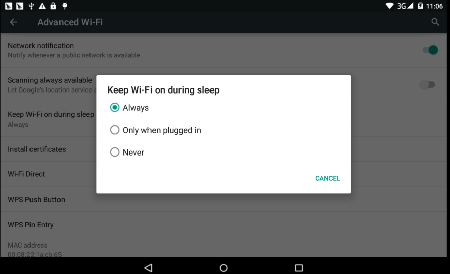 4. Διατήρηση της σύνδεσης Wifi όταν η οθόνη είναι απενεργοποιημένη. 1. Πιέστε το εικονίδιο πάνω δεξιά στην Εικόνα 4.6, και πιέστε Για Προχωρημένους. 2.