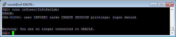 Εικόνα 7.4 Ξεκλείδωμα χρήστη Δοκιμάστε να συνδεθείτε στο ΣΔΒΔ ως infosec με την εντολή; SQL> conn infosec/infoseclab; Τα καταφέρατε; Αν όχι τι υποθέτετε ότι έχει συμβεί; Εικόνα 7.