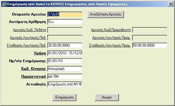 ΜΕΤΑΦΟΡΑ ΔΕΔΟΜΕΝΩΝ Η ενημέρωση γίνεται ως εξής: Ονομασία Αρχείου Αυτόματη Αρίθμηση Αρχικός Κωδ. Πελάτη Αρχικός Κωδ.