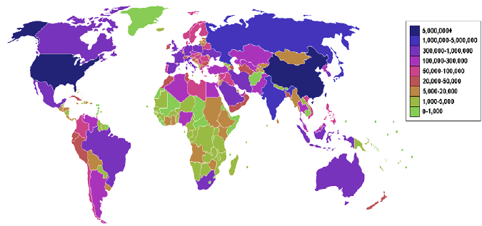 Στο επόμενο σχήμα φαίνεται ένας παγκόσμιος χάρτης με διαφορετικά χρώματα ανάλογα με τις εκπομπές CO2 που εκπέμπει η κάθε χώρα του πλανήτη. Οι μονάδες των εκπομπών CO2 είναι σε χιλιάδες τόνους.