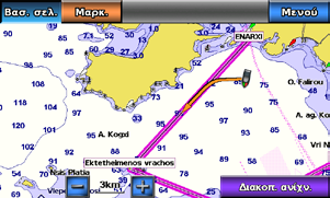 Ναυτική λειτουργία: Πλοήγηση 5. Όταν βρίσκεστε εκτός πορείας, ακολουθήστε το πορτοκαλί βέλος (Πορεία πλεύσης) για να επιστρέψτε στη μοβ και πορφυρή γραμμή (σκέλος πορείας).