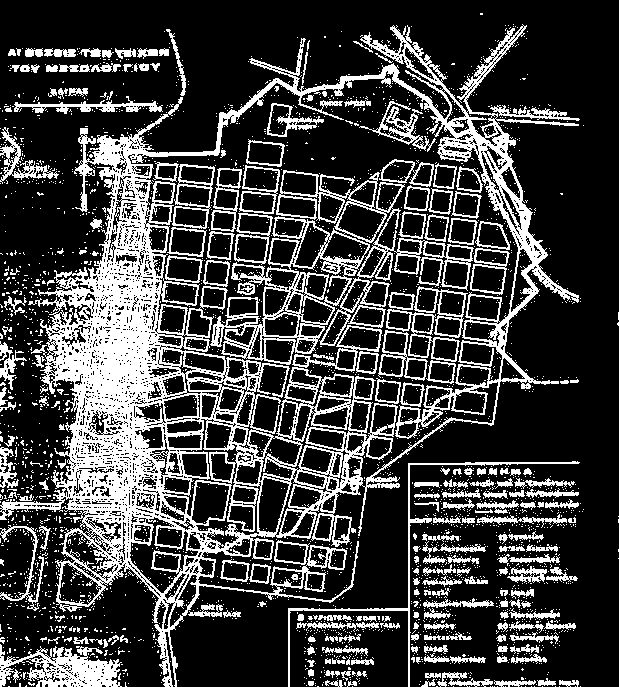 Σχεδιάγραμμα του Πολιτικού Μηχανικού Πάνου Ντούλη που παρουσιάζει τις θέσεις των τειχών και των κανονοστασίων κατά την τελευταία πολιορκία του Μεσολογγίου σε σχέση προς το πολεοδομικό