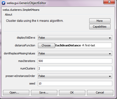 Εικόνα 3.3: Οι παράμετροι εισόδου του αλγορίθμου SimpleKΜeans στο σύστημα WEKA Οι παράμετροι εισόδου που δέχεται o SimpleKMeans στο WEKA περιγράφονται παρακάτω.