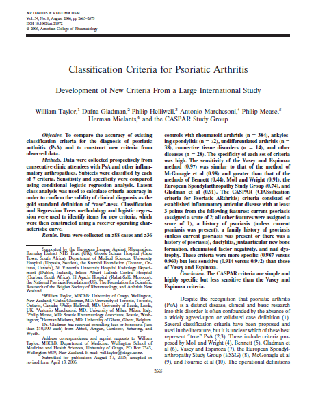 Κριτήρια ταξινόμησης CASPAR (Classification Criteria for Psoriatic Arthritis, Taylor et al.