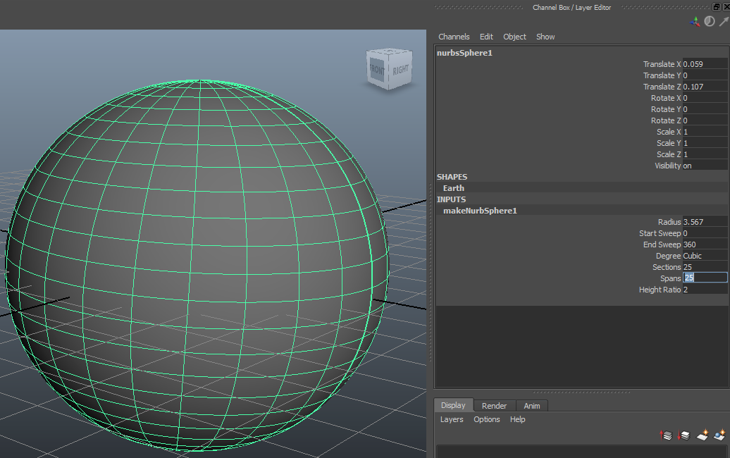 14. Αύξηση λεπτομέρειας του NURBS sphere primitive Με το βασικό Channel Box της Earth, θα ασχοληθούμε αργότερα, όταν δηλαδή χρειαστεί να αλλάξουμε το μέγεθός της, αφού κατασκευαστούν όλοι οι πλανήτες.