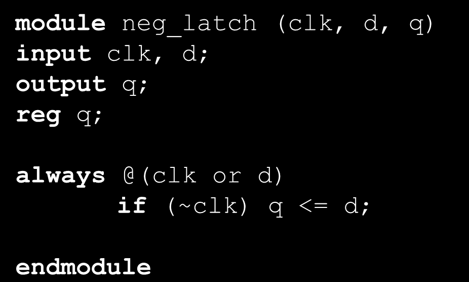 Υλοποιήσεις: Mux-Based Negative D Latches Negative latch : «διαφανής» όταν CLK=0 1 Q module neg_latch (clk, d, q) input clk, d;