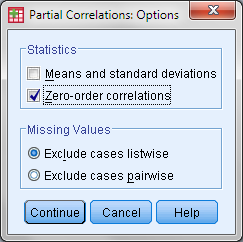 109 Σχήμα 7.6. Παράθυρο διαλόγου για Partial correlations Σχήμα 7.7. Παράθυρο διαλόγου Options Τα αποτελέσματα δείχνουν σημαντική θετική συσχέτιση ανάμεσα στις μεταβλητές fill και floor (r=0.