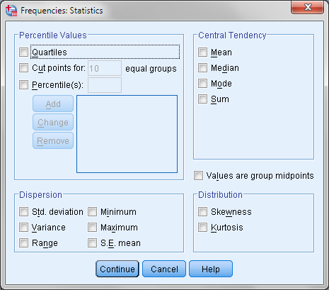 35 Σχήμα 2.3. Τα παράθυρα διαλόγου Desciptives: Options και Frequencies:Statistics Παράδειγμα Να υπολογιστεί η μέση τιμή, η τυπική απόκλιση, η τυπική απόκλιση του μέσου (S.Ε.