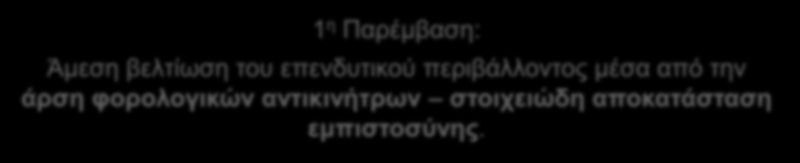 1 η Παρέμβαση: Άμεση βελτίωση του επενδυτικού περιβάλλοντος μέσα από την άρση φορολογικών αντικινήτρων στοιχειώδη αποκατάσταση εμπιστοσύνης.