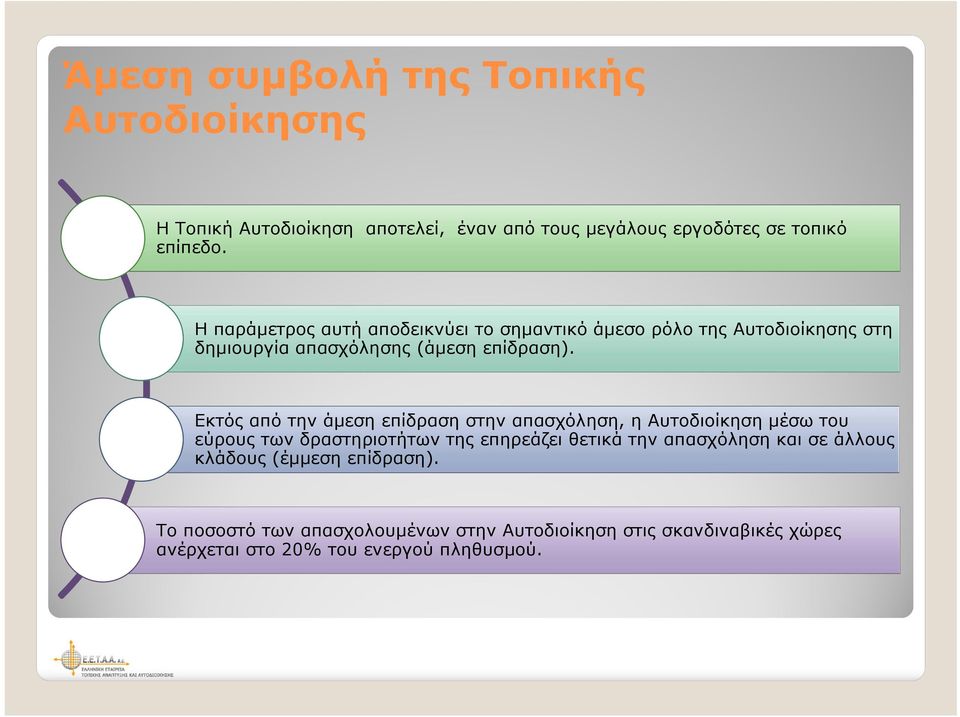 Εκτός από την άμεση επίδραση στην απασχόληση, η Αυτοδιοίκηση μέσω του εύρους των δραστηριοτήτων της επηρεάζει θετικά την απασχόληση