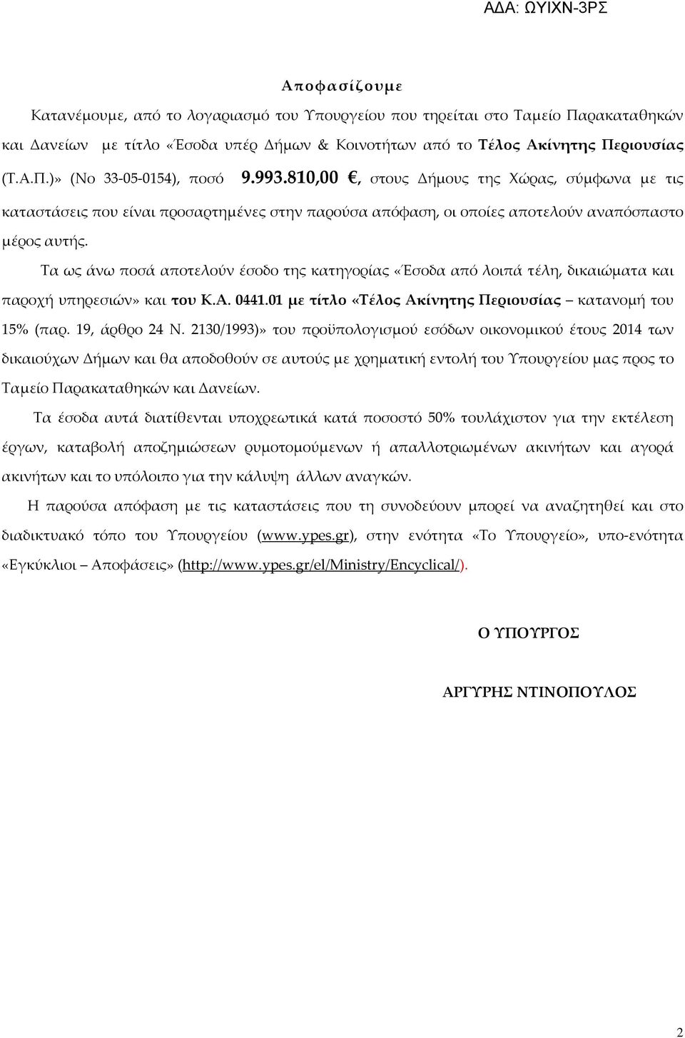 Τα ως άνω ποσά αποτελούν έσοδο της κατηγορίας «Έσοδα από λοιπά τέλη, δικαιώματα και παροχή υπηρεσιών» και του Κ.Α. 0441.01 με τίτλο «Τέλος Ακίνητης Περιουσίας κατανομή του 15% (παρ. 19, άρθρο 24 Ν.