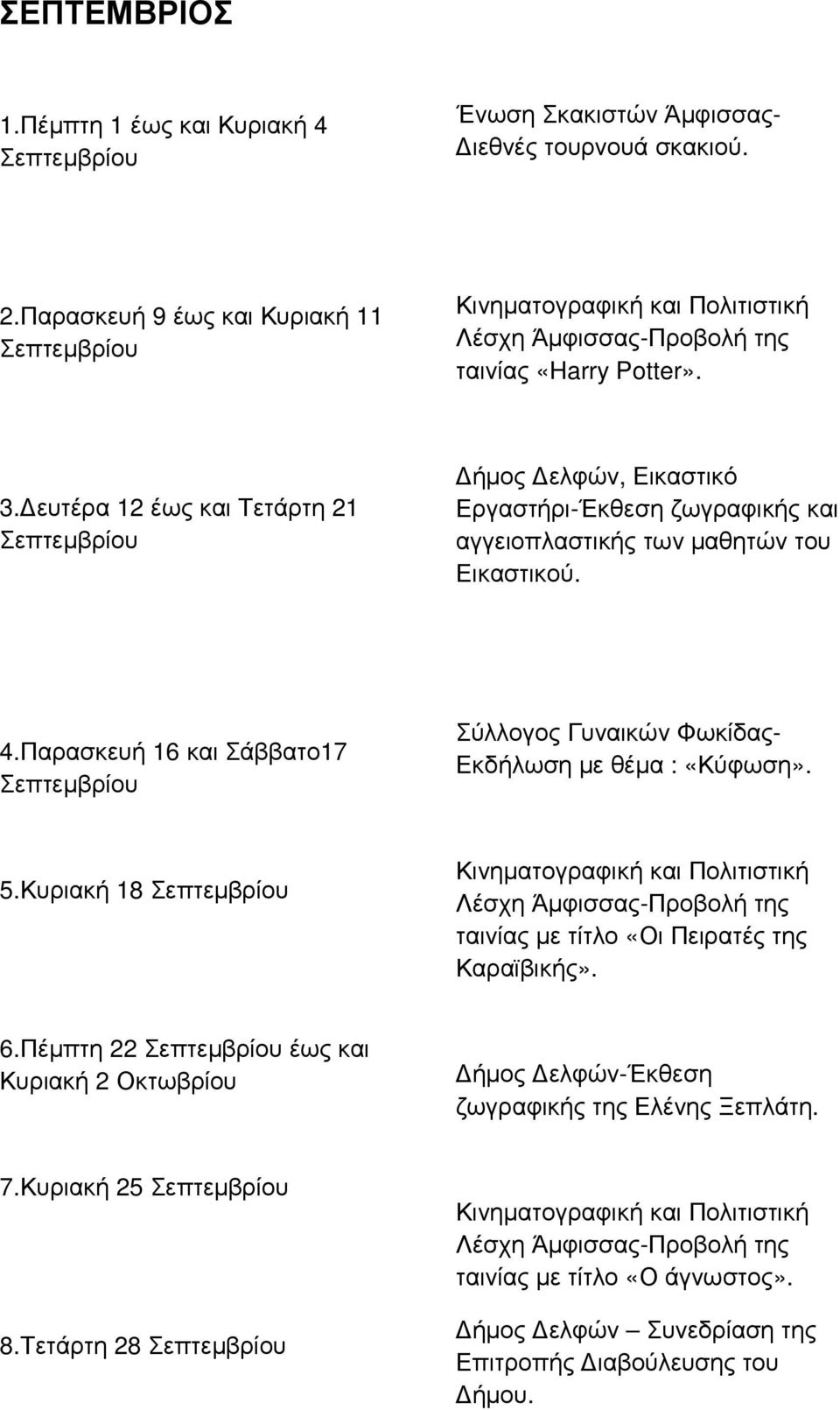 Παρασκευή 16 και Σάββατο17 Σεπτεµβρίου Σύλλογος Γυναικών Φωκίδας- Εκδήλωση µε θέµα : «Κύφωση». 5.Κυριακή 18 Σεπτεµβρίου ταινίας µε τίτλο «Οι Πειρατές της Καραϊβικής». 6.
