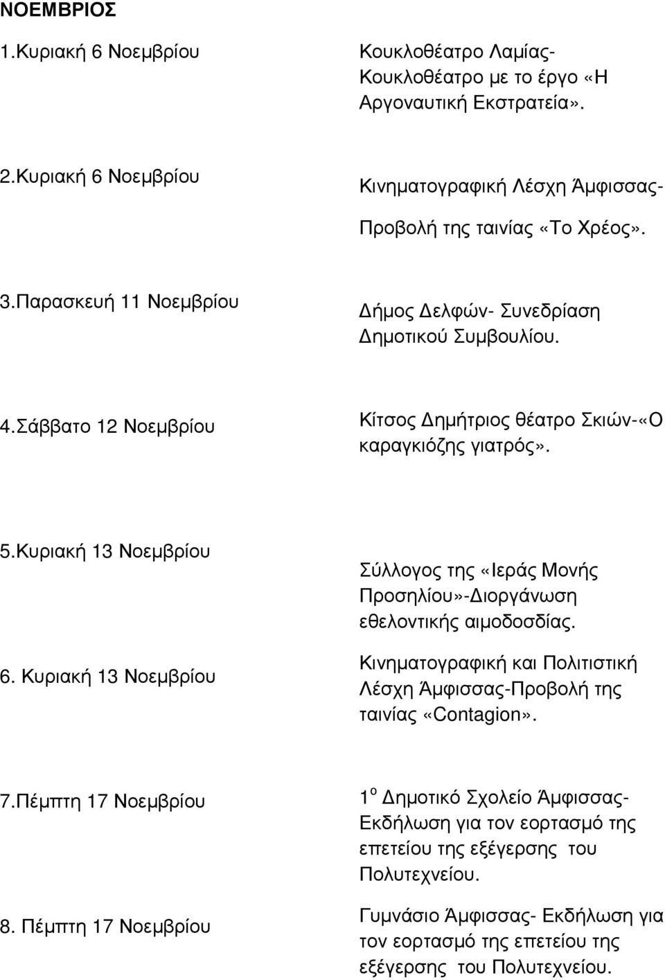 Σάββατο 12 Νοεµβρίου Κίτσος ηµήτριος θέατρο Σκιών-«Ο καραγκιόζης γιατρός». 5.Κυριακή 13 Νοεµβρίου 6.