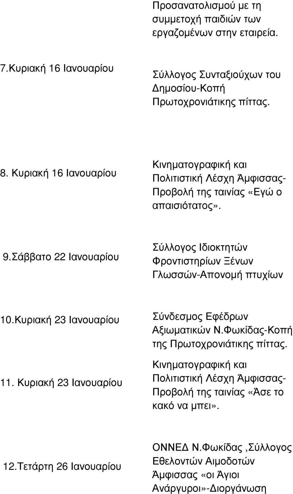 Σάββατο 22 Ιανουαρίου Σύλλογος Ιδιοκτητών Φροντιστηρίων Ξένων Γλωσσών-Απονοµή πτυχίων 10.Κυριακή 23 Ιανουαρίου 11. Κυριακή 23 Ιανουαρίου Σύνδεσµος Εφέδρων Αξιωµατικών Ν.