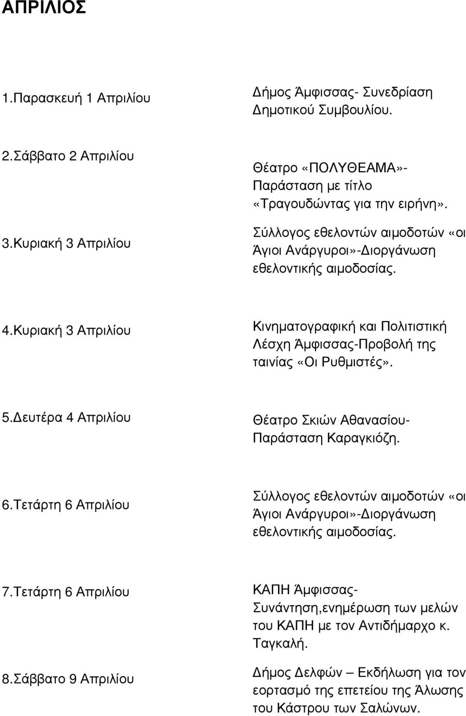 ευτέρα 4 Απριλίου Θέατρο Σκιών Αθανασίου- Παράσταση Καραγκιόζη. 6.Τετάρτη 6 Απριλίου Σύλλογος εθελοντών αιµοδοτών «οι Άγιοι Ανάργυροι»- ιοργάνωση εθελοντικής αιµοδοσίας. 7.