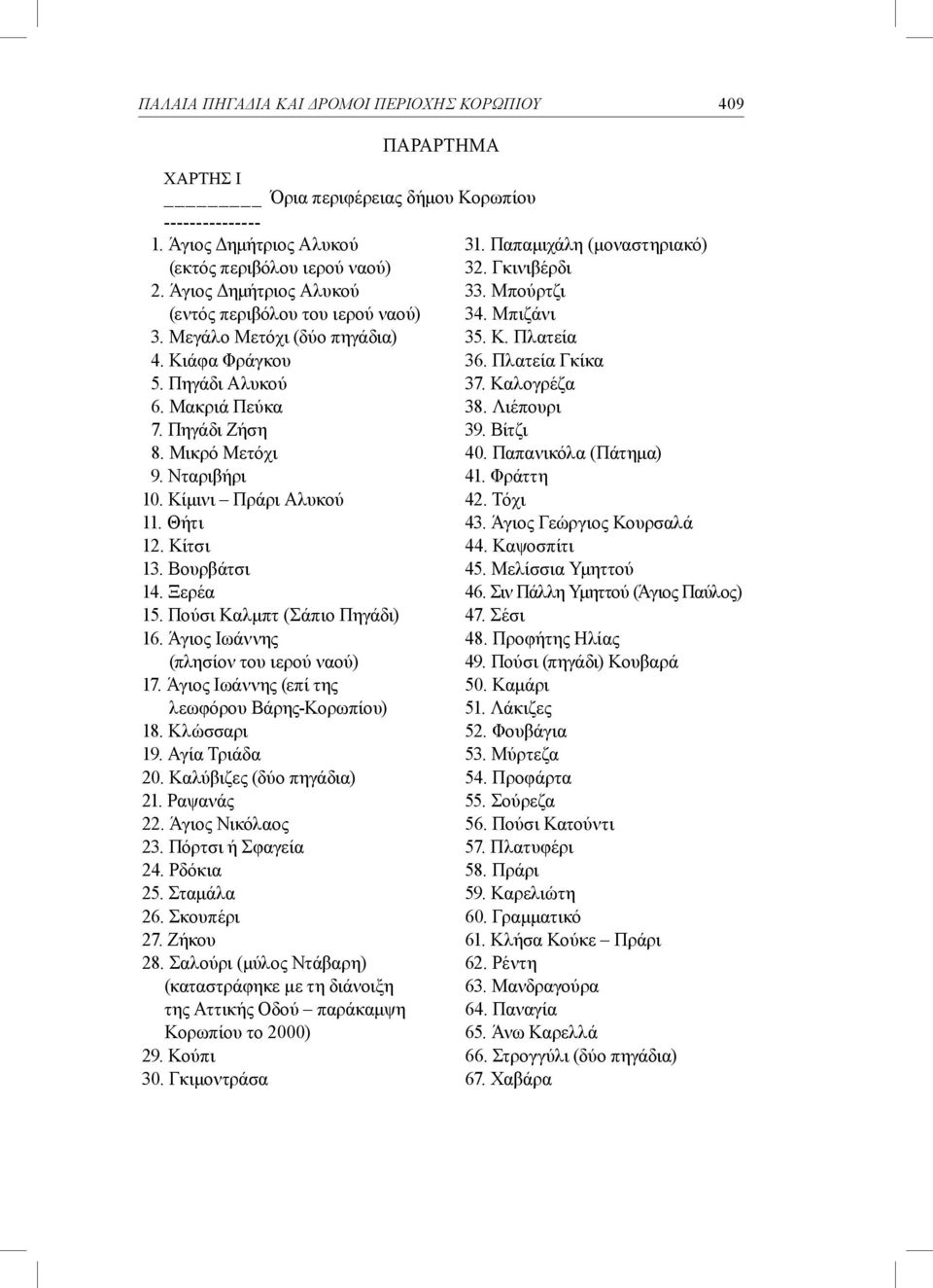 Κίμινι Πράρι Αλυκού 11. Θήτι 12. Κίτσι 13. Βουρβάτσι 14. Ξερέα 15. Πούσι Καλμπτ (Σάπιο Πηγάδι) 16. Άγιος Ιωάννης (πλησίον του ιερού ναού) 17. Άγιος Ιωάννης (επί της λεωφόρου Βάρης-Κορωπίου) 18.