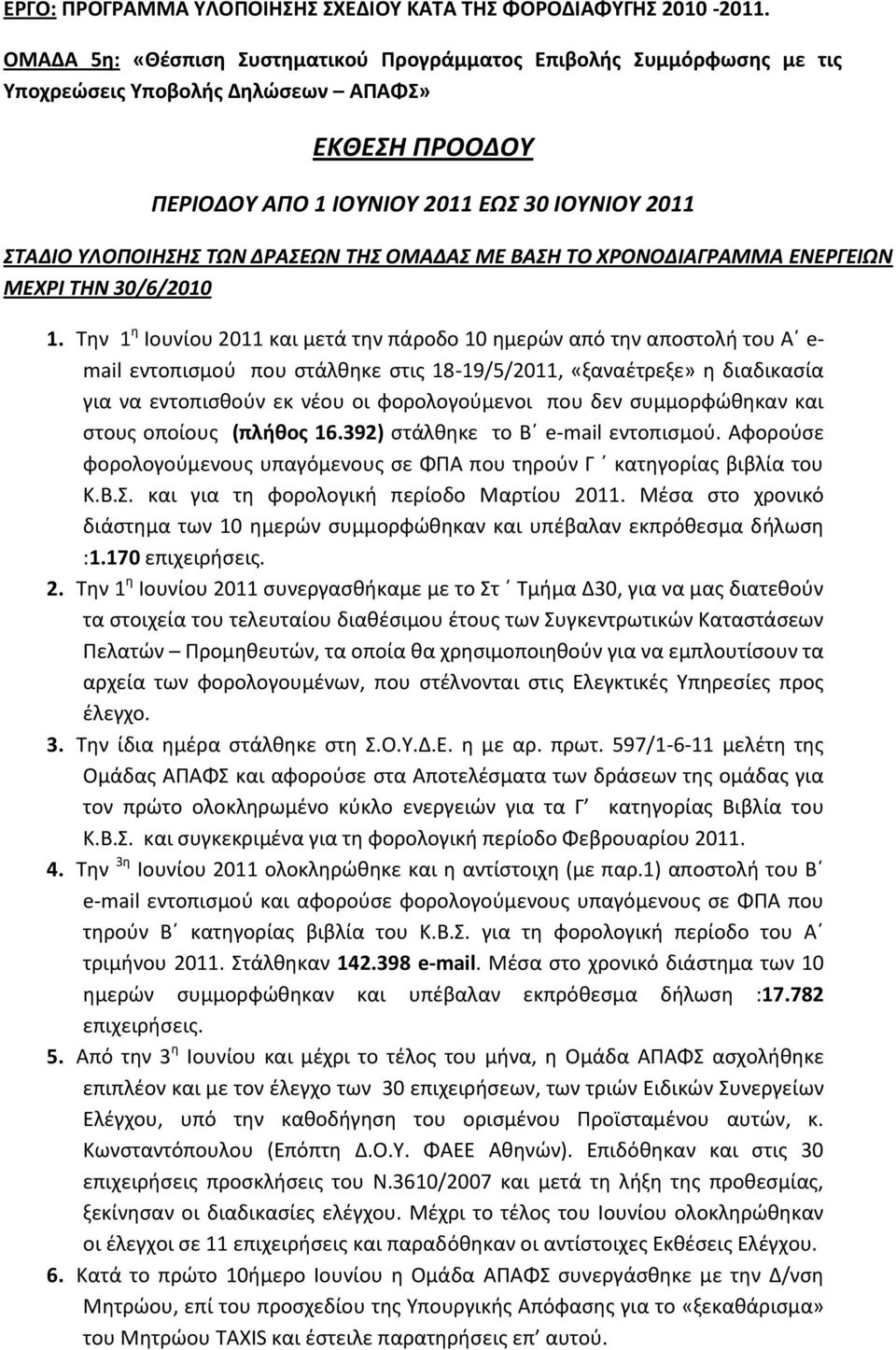 ΟΜΑΔΑ ΜΕ ΒΑΗ ΣΟ ΧΡΟΝΟΔΙΑΓΡΑΜΜΑ ΕΝΕΡΓΕΙΩΝ ΜΕΧΡΙ ΣΗΝ 30/6/2010 1.