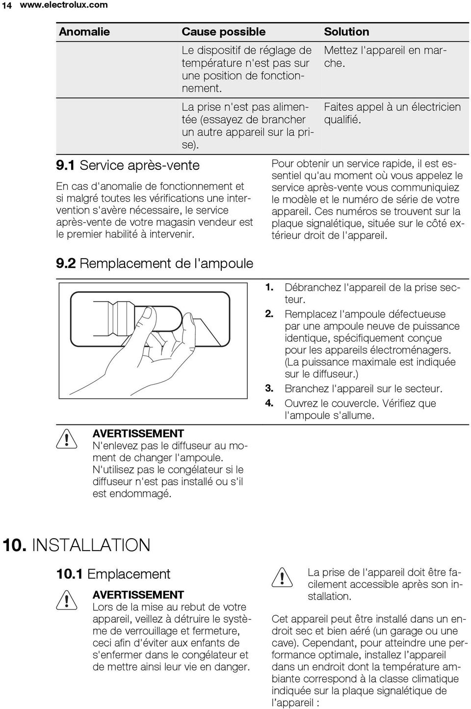 En cas d'anomalie de fonctionnement et si malgré toutes les vérifications une intervention s'avère nécessaire, le service après-vente de votre magasin vendeur est le premier habilité à intervenir. 9.