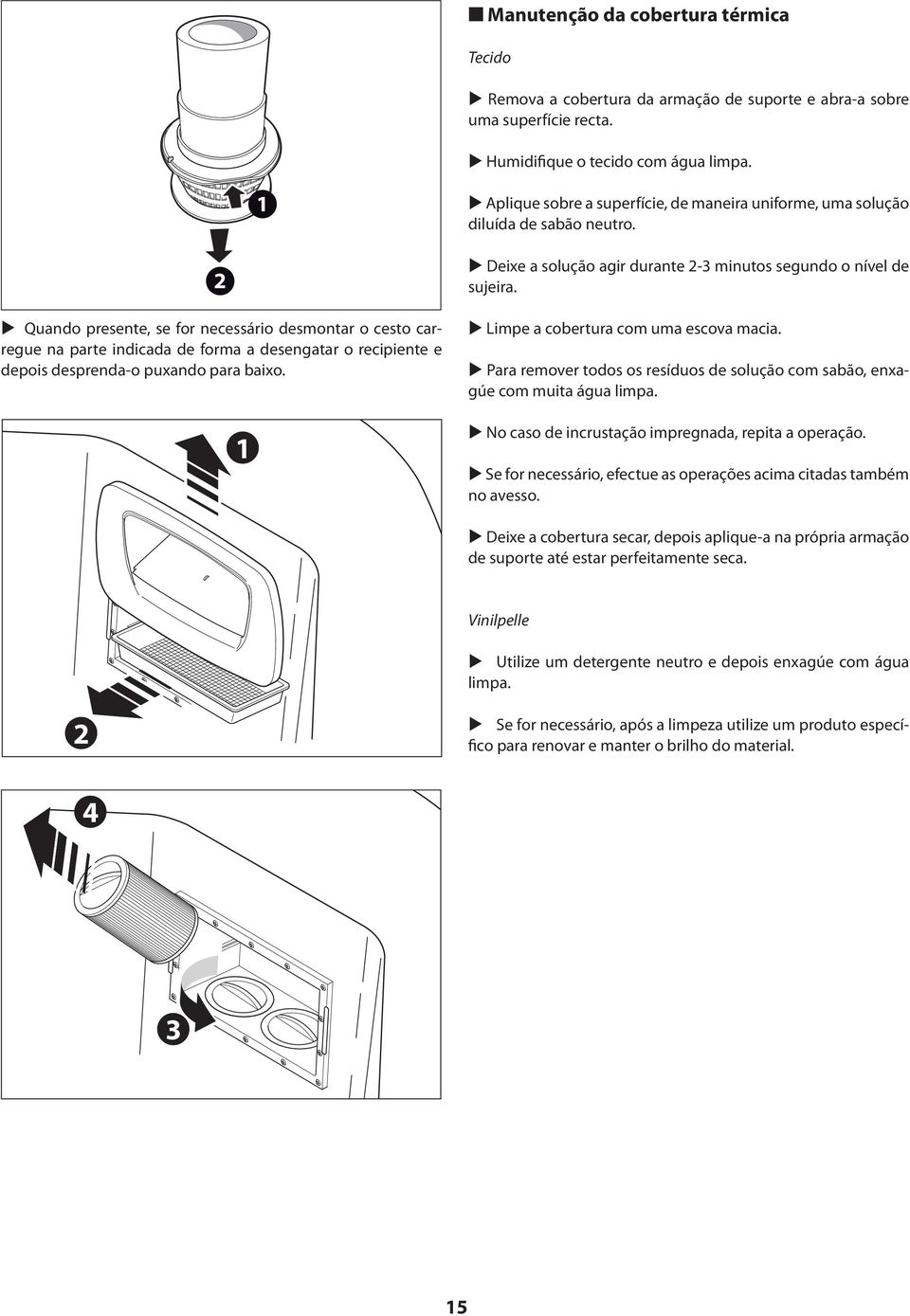 2 Quando presente, se for necessário desmontar o cesto carregue na parte indicada de forma a desengatar o recipiente e depois desprenda-o puxando para baixo.