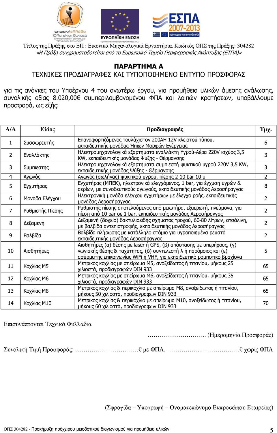 8.00,00 συµπεριλαµβανοµένου ΦΠΑ και λοιπών κρατήσεων, υποβάλλουµε προσφορά, ως εξής: Α/Α Είδος Προδιαγραφές Τµχ.