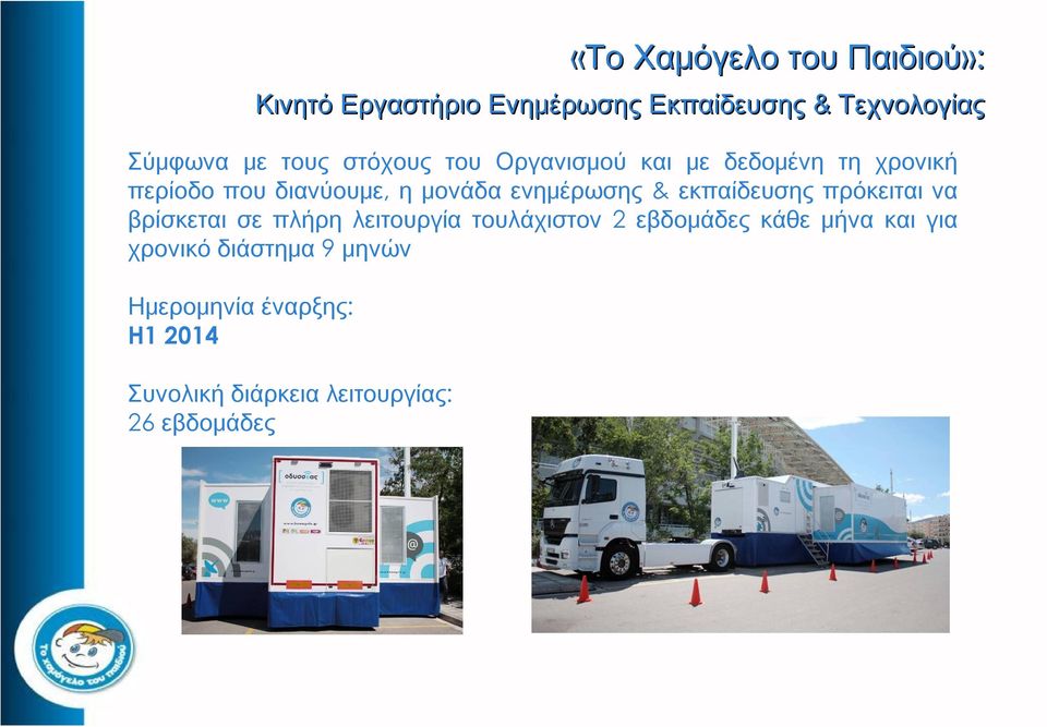 εβδομάδες κάθε μήνα και για χρονικό διάστημα 9 μηνών Ημερομηνία έναρξης: H1 2014 Συνολική