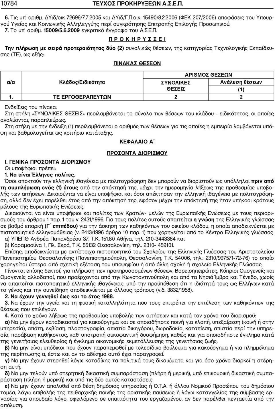 ΠΡΟΚΗΡΥΣΣΕΙ Την πλήρωση με σειρά προτεραιότητας δύο (2) συνολικώς θέσεων, της κατηγορίας Τεχνολογικής Εκπαίδευ σης (ΤΕ), ως εξής: ΠΙΝΑΚΑΣ ΘΕΣΕΩΝ α/α Κλάδος/Ειδικότητα ΣΥΝΟΛΙΚΕΣ ΘΕΣΕΙΣ ΑΡΙΘΜΟΣ ΘΕΣΕΩΝ