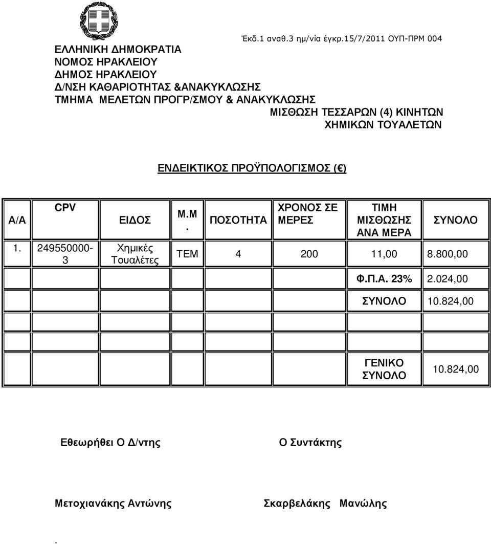 249550000-3 ΕΙ ΟΣ Χηµικές Τουαλέτες Μ.