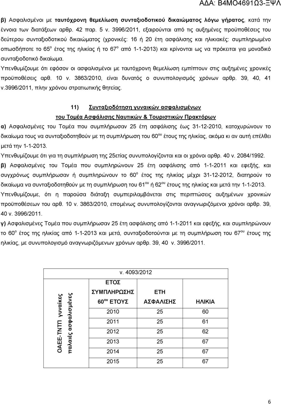 ο από 1-1-2013) και κρίνονται ως να πρόκειται για μοναδικό συνταξιοδοτικό δικαίωμα. Υπενθυμίζουμε ότι εφόσον οι ασφαλισμένοι με ταυτόχρονη θεμελίωση εμπίπτουν στις αυξημένες χρονικές προϋποθέσεις αρθ.