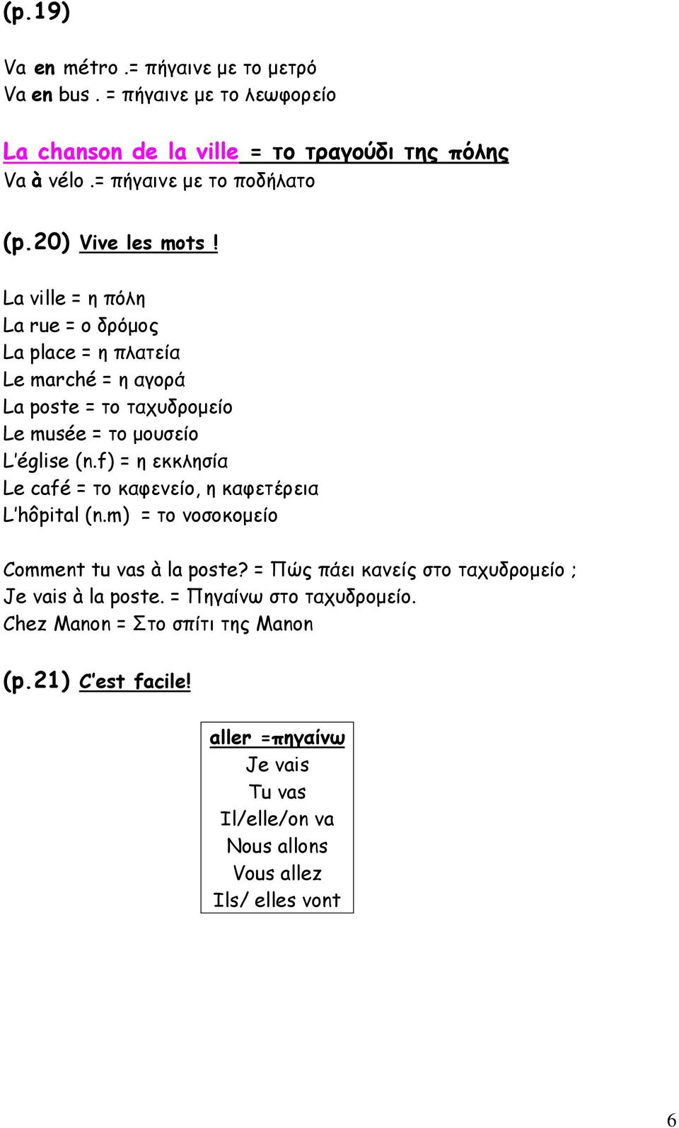 f) = η εκκλησία Le café = το καφενείο, η καφετέρεια L hôpital (n.m) = το νοσοκομείο Comment tu vas à la poste?