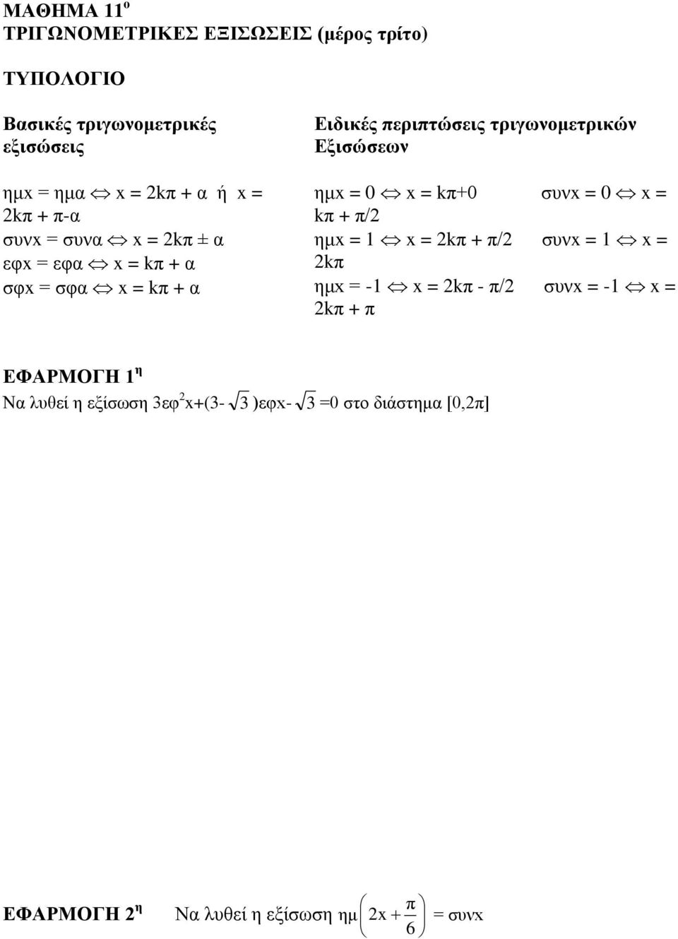 εκx = 0 x = kπ+0 ζπλx = 0 x = kπ + π/2 εκx = 1 x = 2kπ + π/2 ζπλx = 1 x = 2kπ εκx = -1 x = 2kπ - π/2 ζπλx = -1 x = 2kπ +