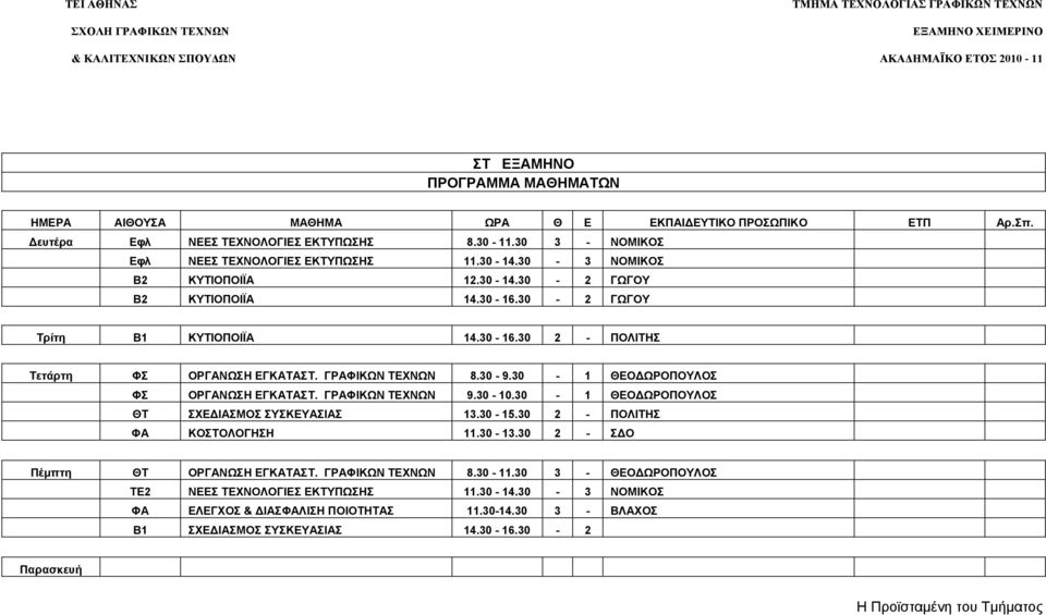 30-10.30-1 ΘEO ΩPOΠOYΛOΣ ΘT ΣXE IAΣMOΣ ΣYΣKEYAΣIAΣ 13.30-15.30 2 - ΠOΛITHΣ ΦA KOΣTOΛOΓHΣH 11.30-13.30 2 - Σ O Πέμπτη ΘT OPΓANΩΣH EΓKATAΣT. ΓPAΦIKΩN TEXNΩN 8.30-11.