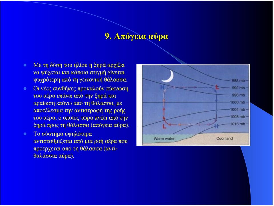 Οι νέες συνθήκες προκαλούν πύκνωση του αέρα επάνω από την ξηρά και αραίωση επάνω από τη θάλασσα, µε