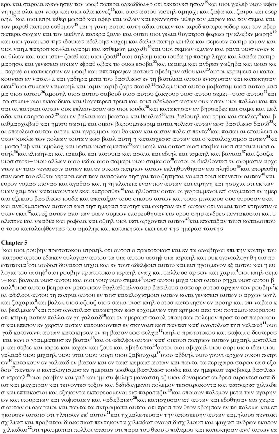 πατερα σωχων και τον ιεκθιηλ πατερα ζανω και ουτοι υιοι γελια θυγατροσ φαραω ην ελαβεν µωρηδ 19 και υιοι γυναικοσ τησ ιδουιασ αδελφησ ναχεµ και δαλια πατηρ κει+λα και σεµειων πατηρ ιωµαν και υιοι