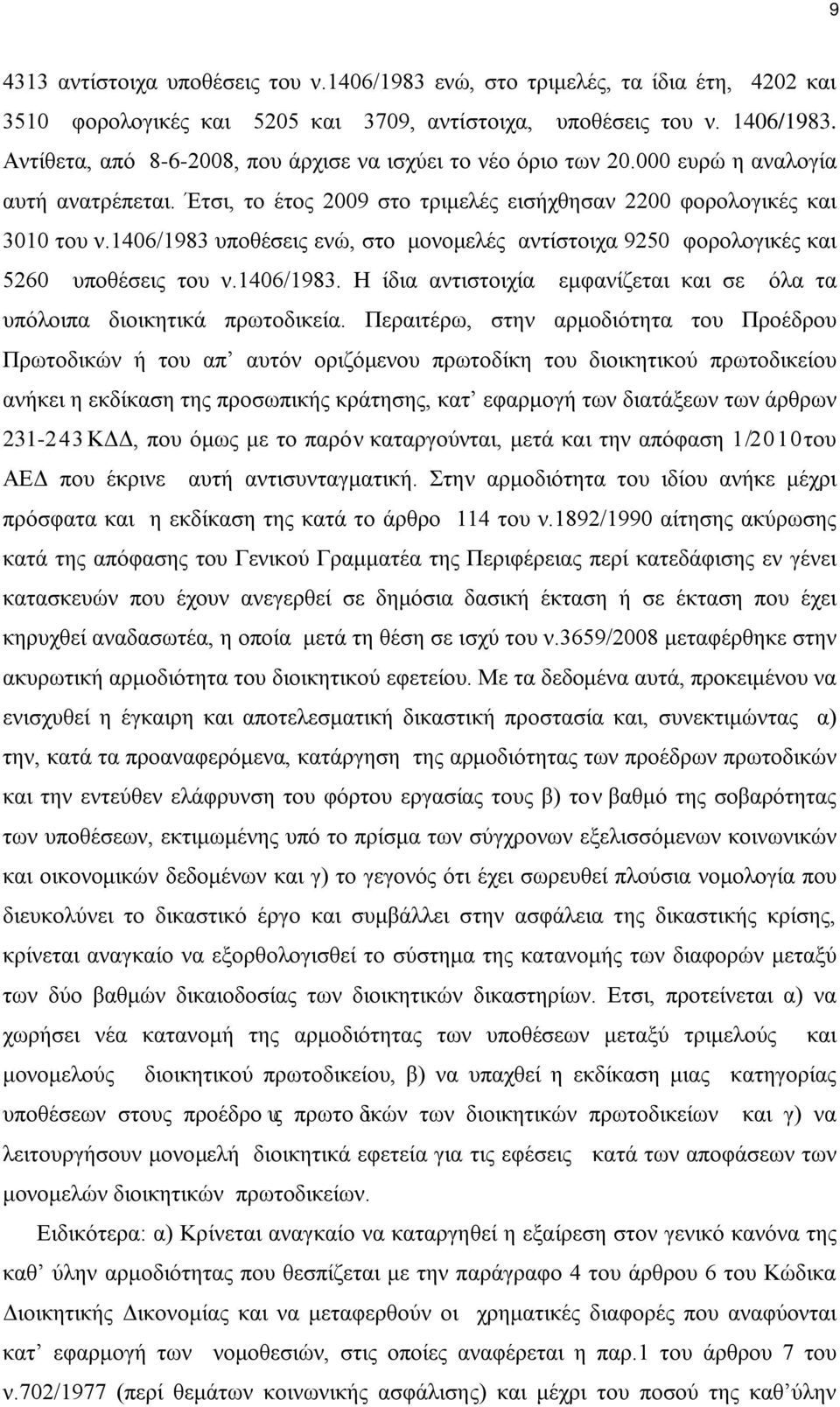 1406/1983 υποθέσεις ενώ, στο μονομελές αντίστοιχα 9250 φορολογικές και 5260 υποθέσεις του ν.1406/1983. Η ίδια αντιστοιχία εμφανίζεται και σε όλα τα υπόλοιπα διοικητικά πρωτοδικεία.