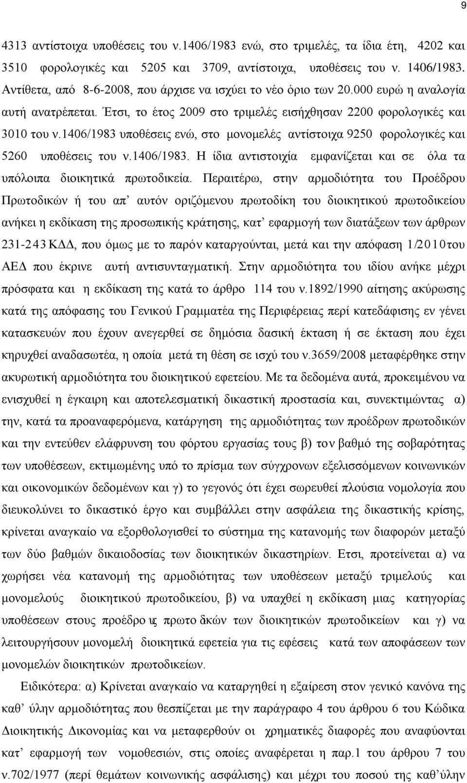 1406/1983 υποθέσεις ενώ, στο μονομελές αντίστοιχα 9250 φορολογικές και 5260 υποθέσεις του ν.1406/1983. Η ίδια αντιστοιχία εμφανίζεται και σε όλα τα υπόλοιπα διοικητικά πρωτοδικεία.