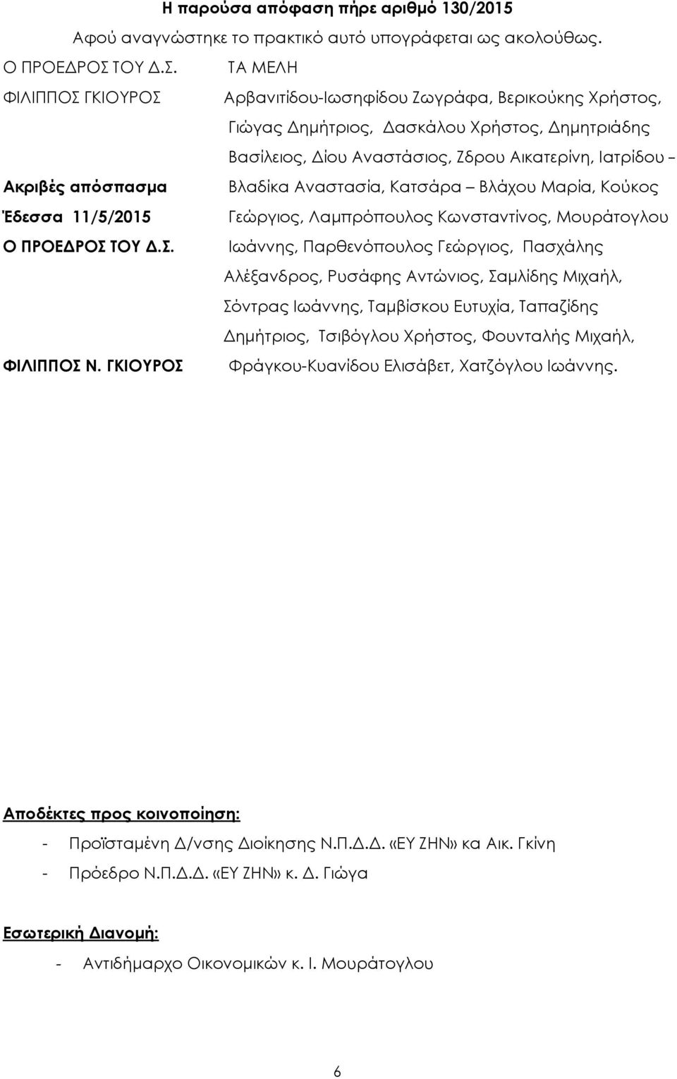 Βλάχου Μαρία, Κούκος Γεώργιος, Λαµπρόπουλος Κωνσταντίνος, Μουράτογλου Ιωάννης, Παρθενόπουλος Γεώργιος, Πασχάλης Αλέξανδρος, Ρυσάφης Αντώνιος, Σαµλίδης Μιχαήλ, Σόντρας Ιωάννης, Ταµβίσκου Ευτυχία,
