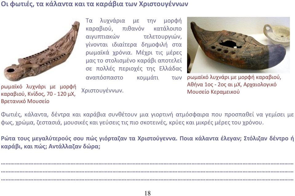 ρωμαϊκό λυχνάρι με μορφι καραβιοφ, Ακινα 1οσ - 2οσ αι μχ, Αρχαιολογικό Μουςείο Κεραμεικοφ Φωτιζσ, κάλαντα, δζντρα και καράβια ςυνκζτουν μια γιορτινι ατμόςφαιρα που προςπακεί να γεμίςει με φωσ,