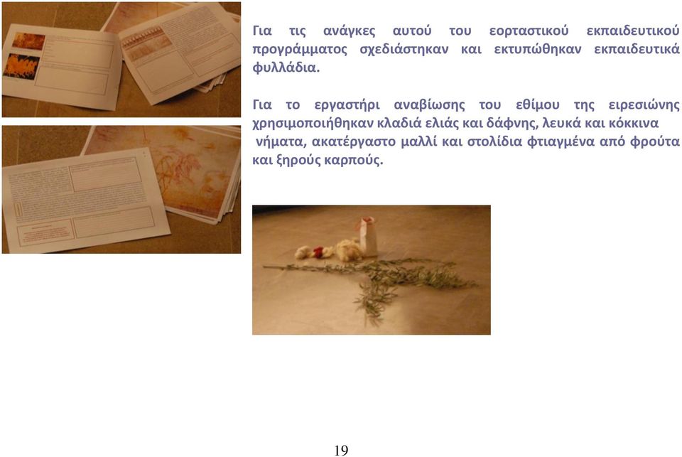 Για το εργαςτιρι αναβίωςθσ του εκίμου τθσ ειρεςιϊνθσ χρθςιμοποιικθκαν κλαδιά