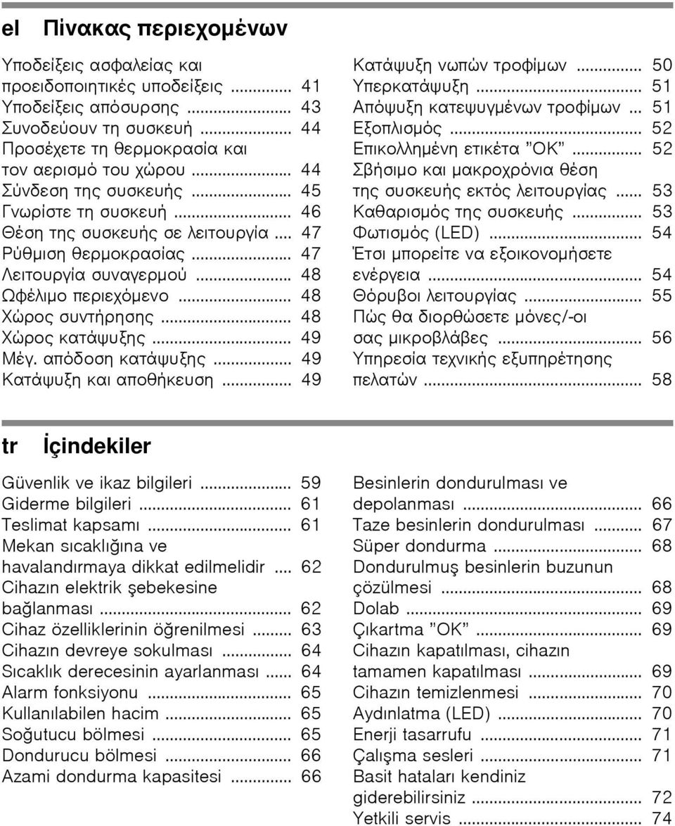 .. 48 Χώρος κατάψυξης... 49 Μέγ. απόδοση κατάψυξης... 49 Κατάψυξη και αποθήκευση... 49 Κατάψυξη νωπών τροφίμων... 50 Υπερκατάψυξη... 51 Απόψυξη κατεψυγμένων τροφίμων... 51 Εξοπλισμός.
