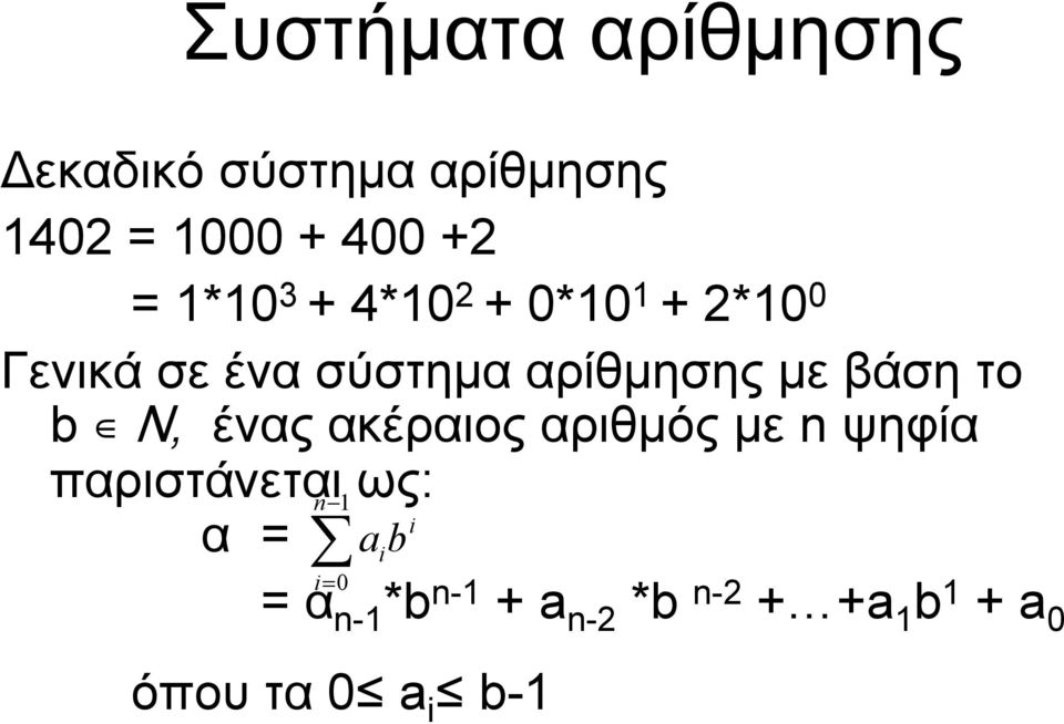 βάση το b N, ένας ακέραιος αριθμός με n ψηφία παριστάνεται ως: n α = 1