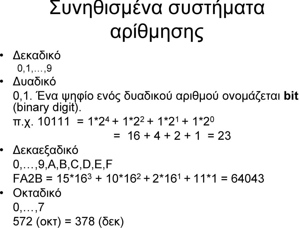 10111 = 1*2 4 + 1*2 2 + 1*2 1 + 1*2 0 = 16 + 4 + 2 + 1 = 23 Δεκαεξαδικό